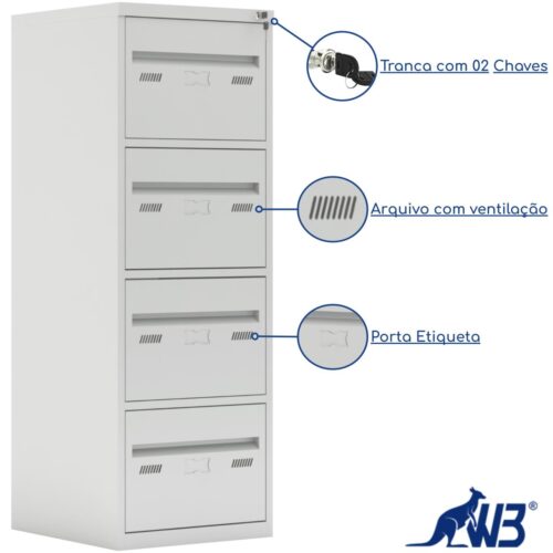 Arquivo de Aço 04 Gavetas – CHAPA # 22- Com TRILHO TELESCÓPICO – (71cm) - Imagem 4