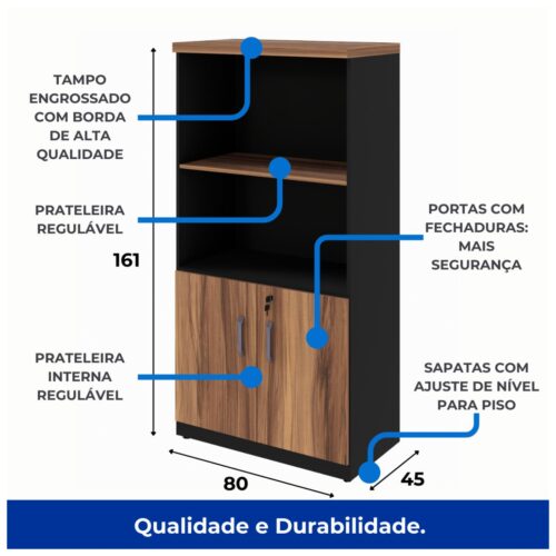 Armário Alto Semi-Aberto – 1,61×0,80×0,45m NOGAL SEVILHAPRETO - Imagem 3