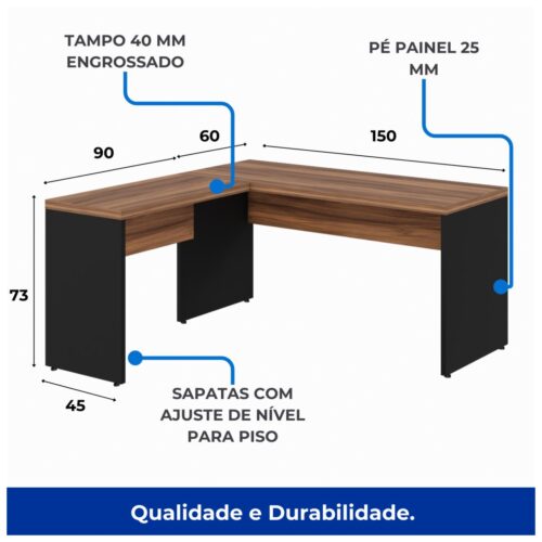 Mesa de Escritório em L 1,50m – Sem Gavetas NOGAL SEVILHA PRETO - Imagem 2
