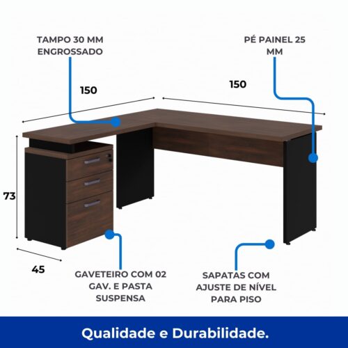 Mesa Escritório em “L” c/ Gaveteiro 1,50×1,50m MARSALA/PRETO - Imagem 3