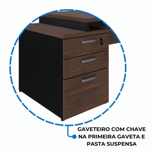Mesa PEDESTAL RETA (03 Gavetas) 1,92X0,70m Marsala/Preto - Imagem 2