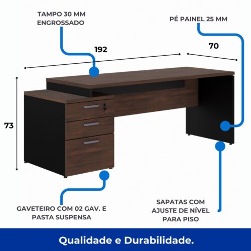 Mesa PEDESTAL RETA (03 Gavetas) 1,92X0,70m Marsala/Preto - Imagem 3