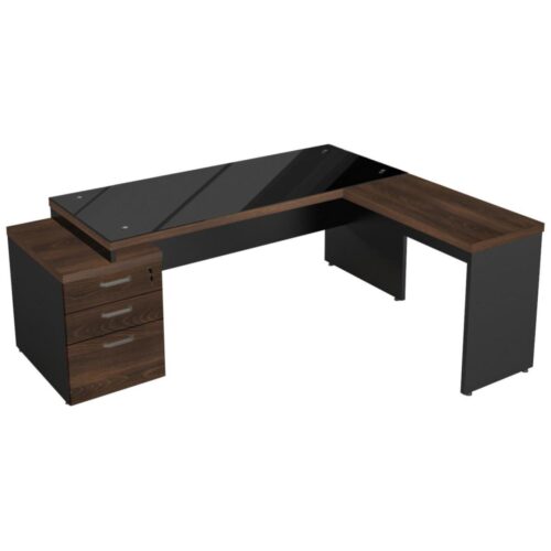 Mesa PEDESTAL VIDRO FUMÊ com MESA AUXILIAR – 1,92×1,60m MARSALA  PRETO