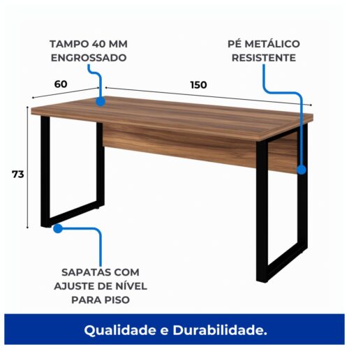 Mesa Escritório 1,50×0,60m -S/Gavetas – NOGAL SEVILHA PRETO - Imagem 4