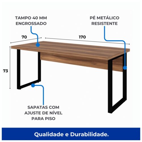 Mesa Escritório 1,70×0,70m -S/ Gavetas – NOGAL SEVILHA/PRETO - Imagem 4