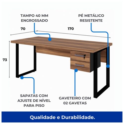 Mesa Escritório 1,70×0,70m – C/ Gavetas – NOGAL SEVILHA/PRETO - Imagem 4