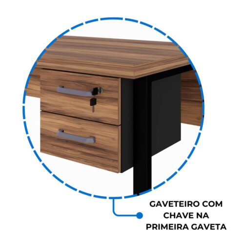 Mesa Escritório 1,70×0,70m – C/ Gavetas – NOGAL SEVILHA/PRETO - Imagem 3