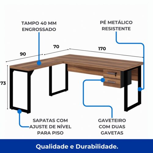 Mesa em L  1,70m + Mesa Auxiliar – C/ Gavetas NOGAL SEVILHA - PRETO - Imagem 4