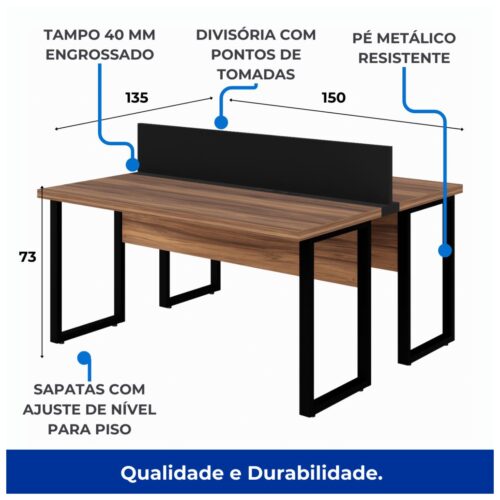 Mesa Estação de Trabalho Dupla 1,50×1,35m 02 Lugares s/ Gavetas c ponto de tomada – Nogal Sevilha - Imagem 2